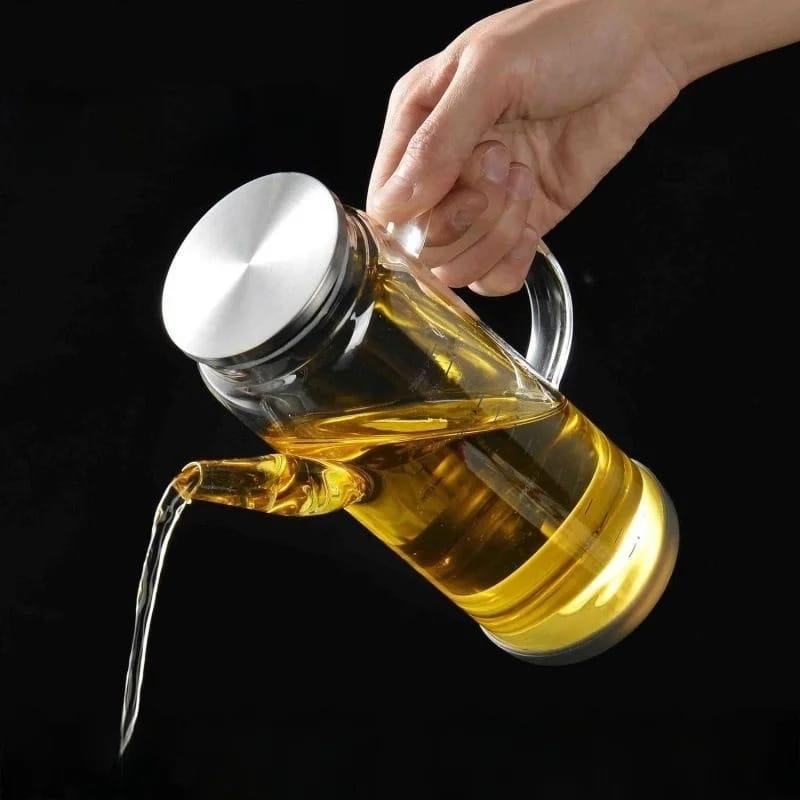 Glass oil and vinegar dispenser jar with bamboo lid, non-slip base, 1-litre capacity, leak-proof with free labeling stickers