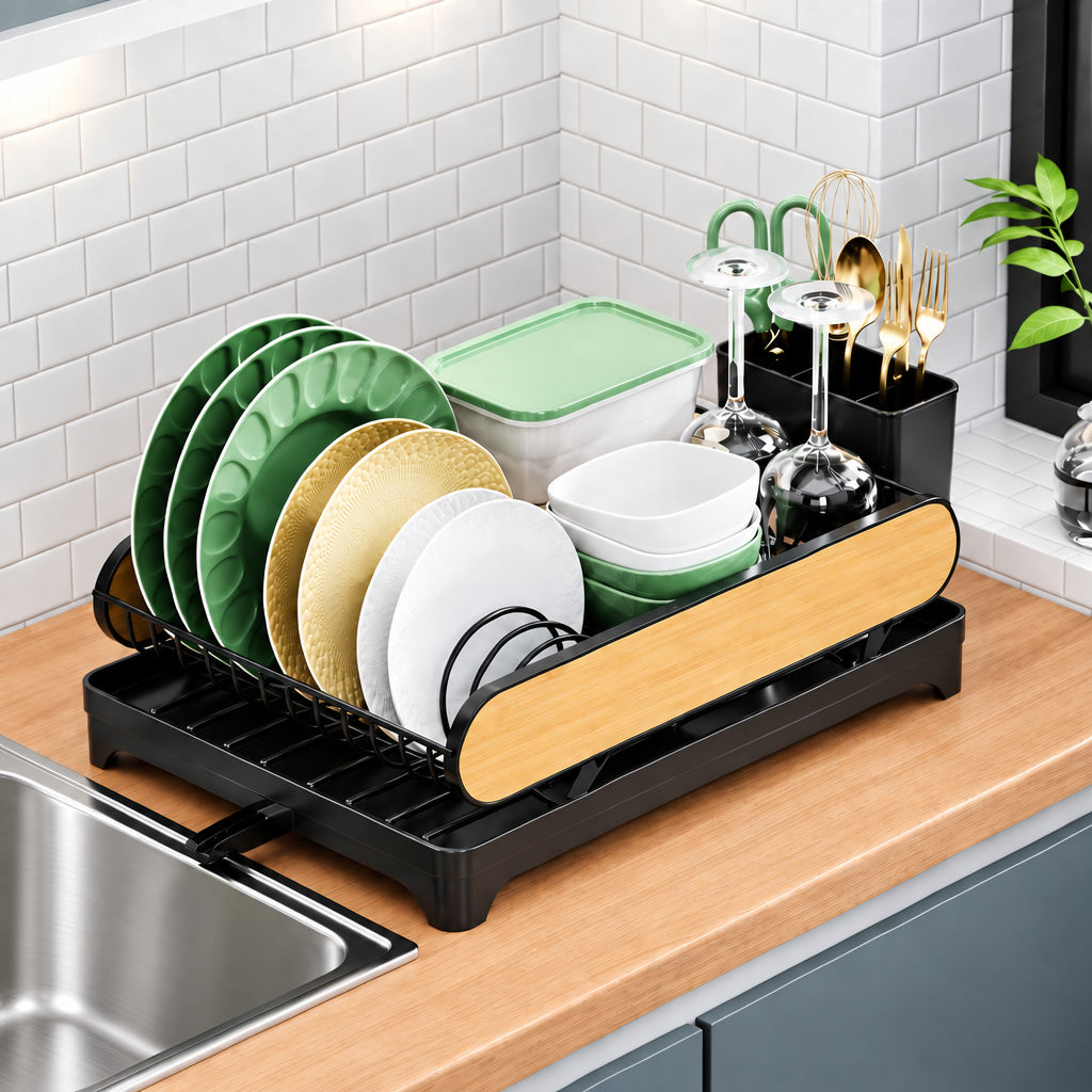 Compact black and wood grain countertop dish drying rack with utensil slots and drainage tray