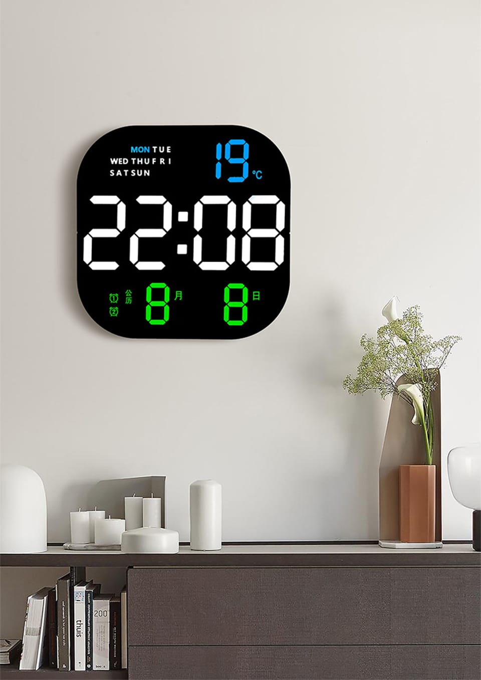 Smart LED digital wall clock with remote control, auto dimming, dual alarms, and night downlight