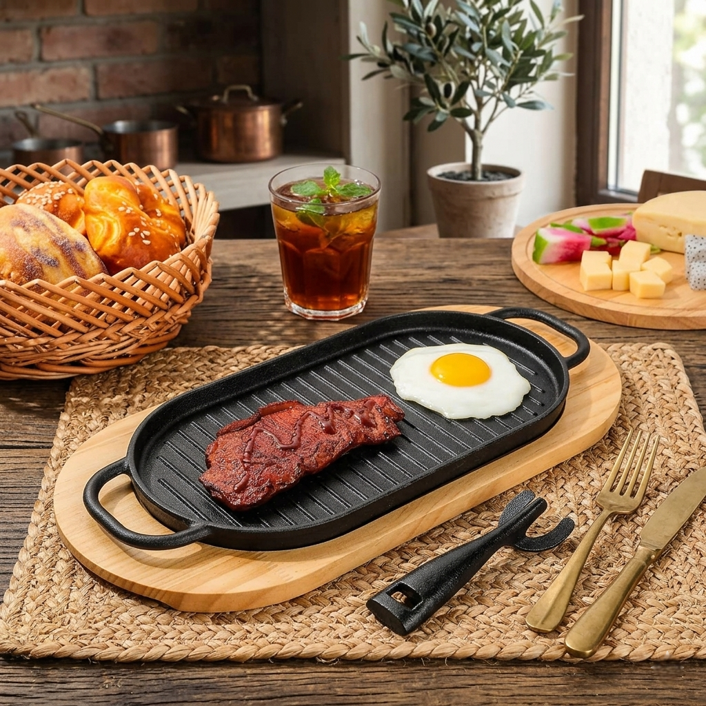 Rectangular cast iron sizzling grill pan with wooden base for serving hot dishes