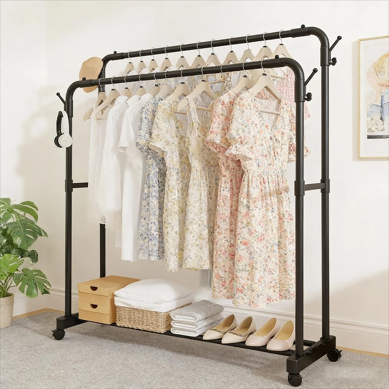 Double Pole Clothing Rack with Wheels and Storage Shelf