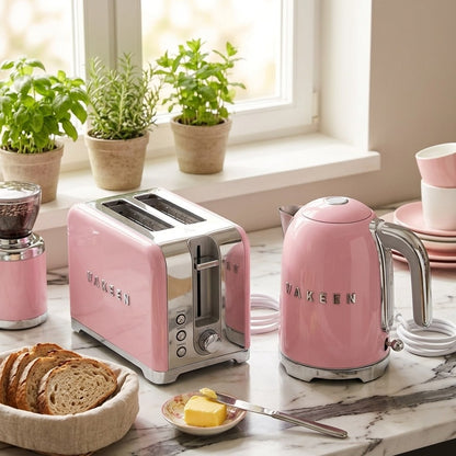 Premium stainless steel 2 slice toaster and 2L electric kettle set with modern kitchen design and fast heating features. 