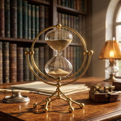 Elegant metal frame 30 minute hourglass sand timer for modern home and office décor.