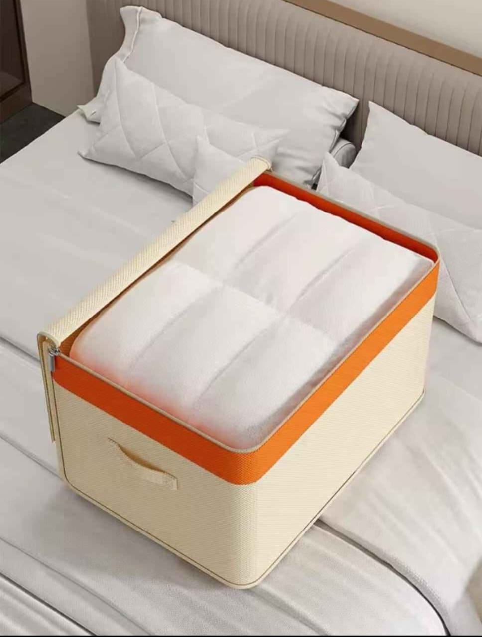 Beige canvas quilt and clothing storage organizer with zipper and foldable design