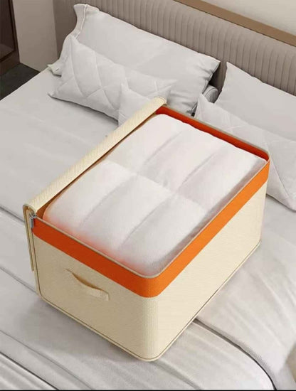Beige canvas quilt and clothing storage organizer with zipper and foldable design