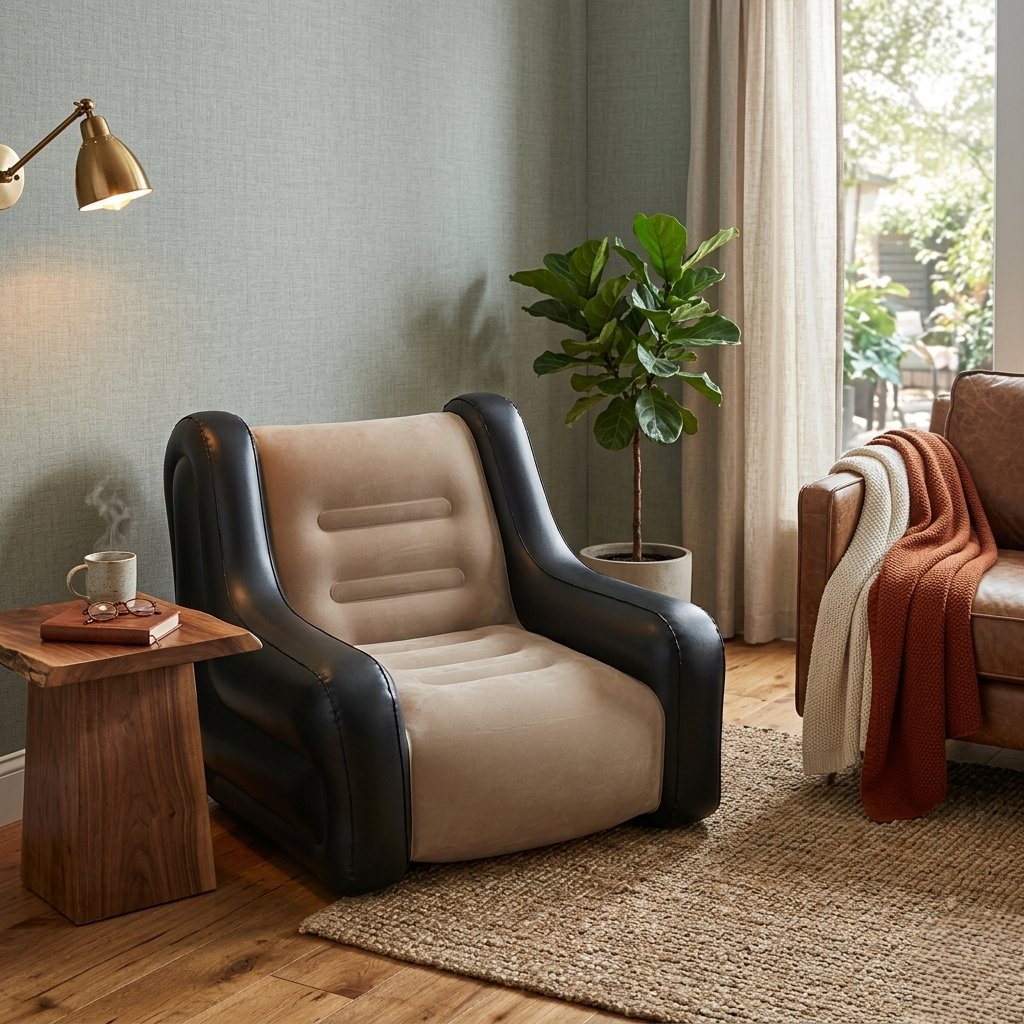 Inflatable 1-seater sofa with armrests in brown and khaki with included pump for indoor and outdoor use