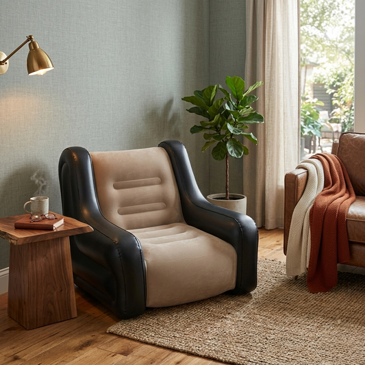 Inflatable 1-seater sofa with armrests in brown and khaki with included pump for indoor and outdoor use