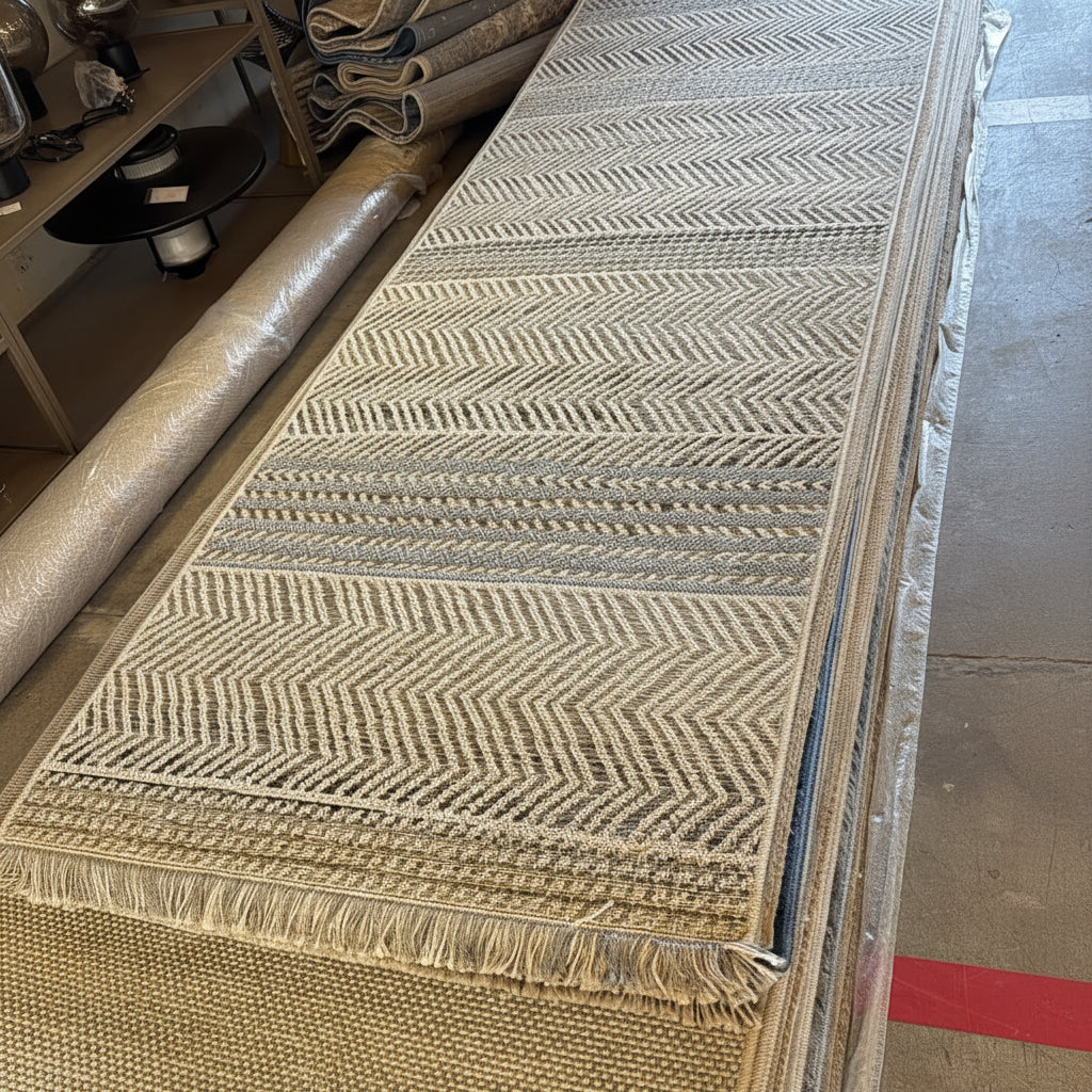 Dawood Lifestyle & Gadgets ke Oriental Weavers Kemet #8 beige grey chevron herringbone corridor runner rug with tribal border and fringe
