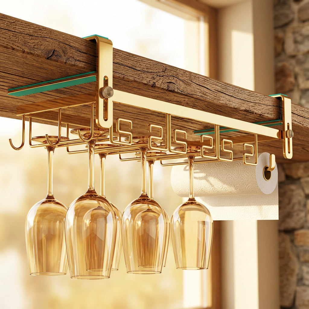 Golden Metallic Under Cabinet Wine Glass Holder with Towel and Tissue Holder