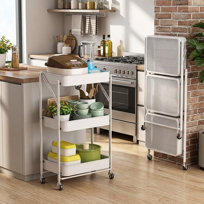 Foldable 3 Layer Metallic Mesh Trays Trolley Rack