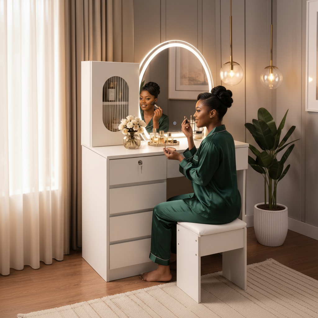 White vanity dressing table with large mirror five storage drawers one lockable drawer and cushioned stool for makeup skincare jewellery and bedroom organisation.