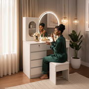 White vanity dressing table with large mirror five storage drawers one lockable drawer and cushioned stool for makeup skincare jewellery and bedroom organisation.