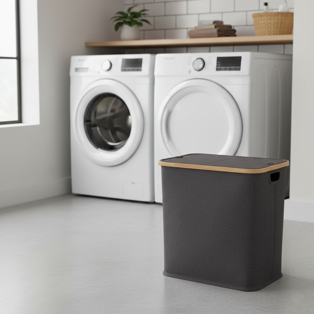 Black bamboo laundry storage hamper with multiple sorting compartments.