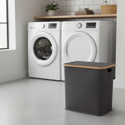 Black bamboo laundry storage hamper with multiple sorting compartments.