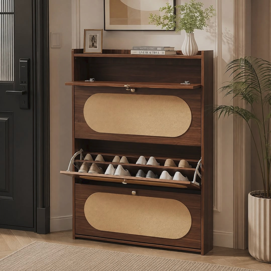 Wooden shoe rack cabinet with flip-down compartments, warm wood finish, and textured beige panels for organised shoe storage in entryways, hallways, and bedrooms