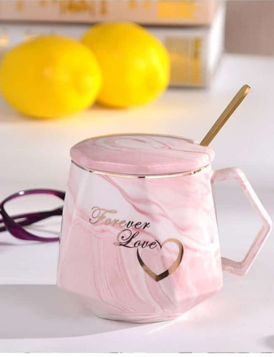 Diamond shape ceramic cup with lid and spoon in gift box
