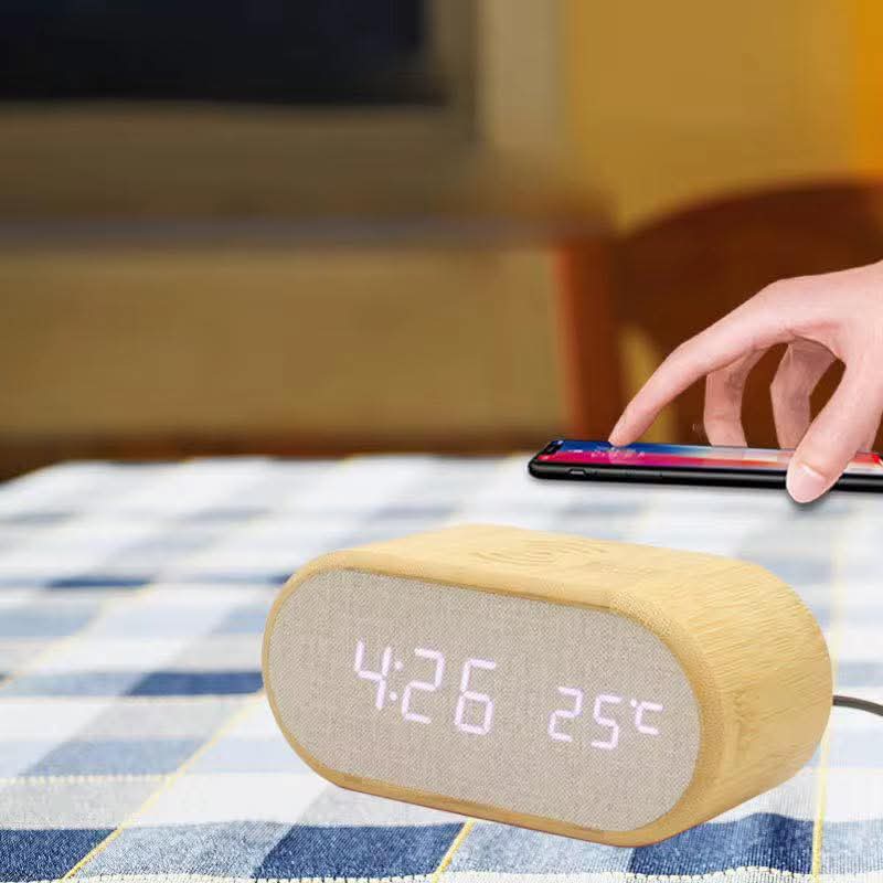 Wooden Digital Alarm Clock with Wireless Charging
