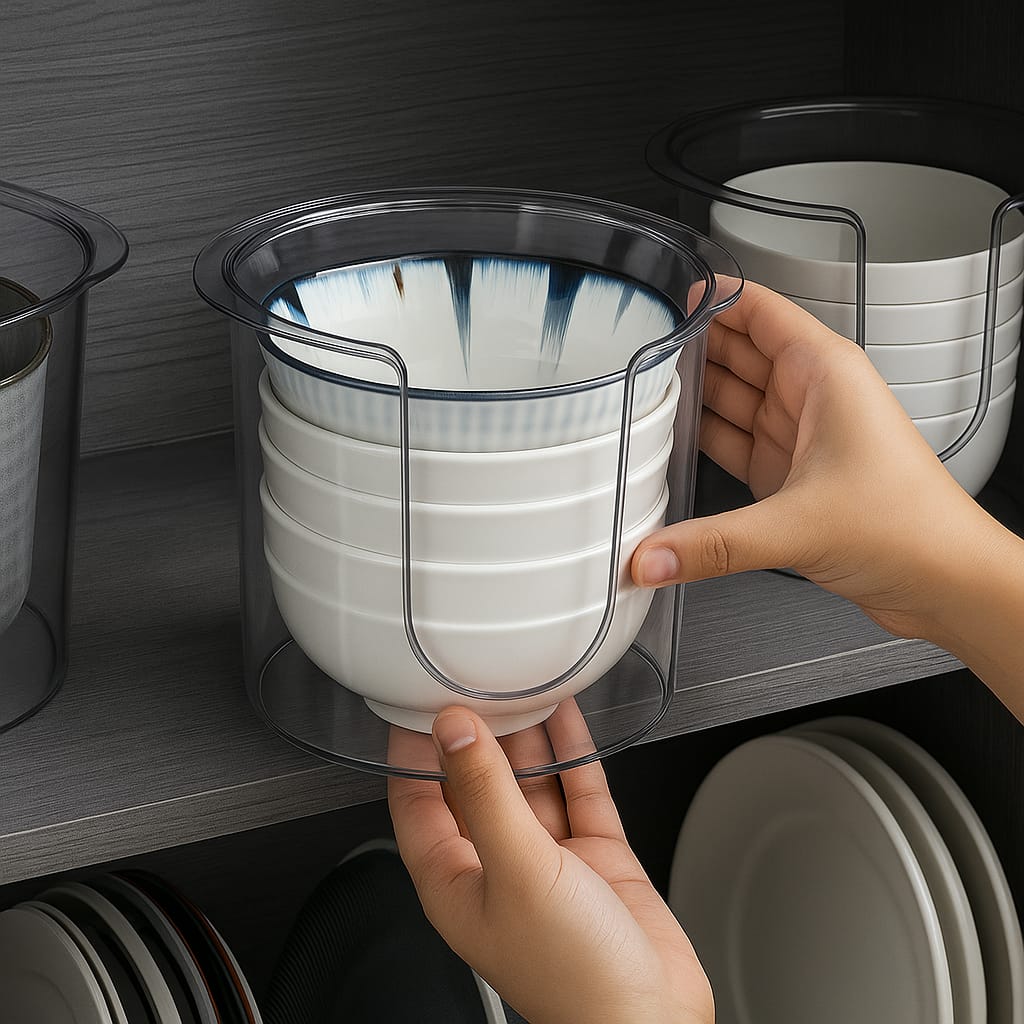 Transparent acrylic bowl holder for kitchen cabinets and countertop organization