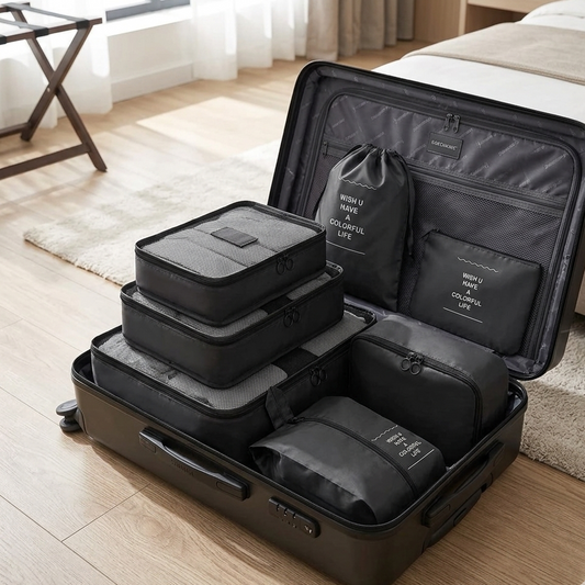 7 Piece luggage travel organizer set made of Oxford material with mesh design for packing and organizing suitcase items