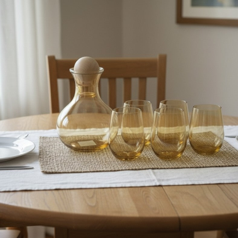 Gold lemon decanter set with 6 oval long glasses 800ml