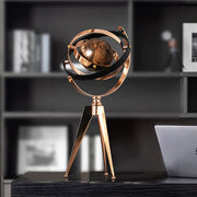 Creative art globe sculpture on antique tripod stand, luxury home and office décor piece