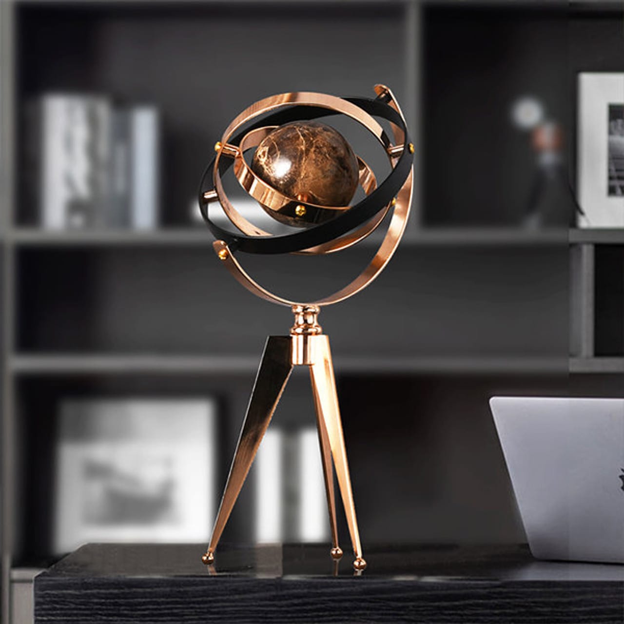 Creative art globe sculpture on antique tripod stand, luxury home and office décor piece