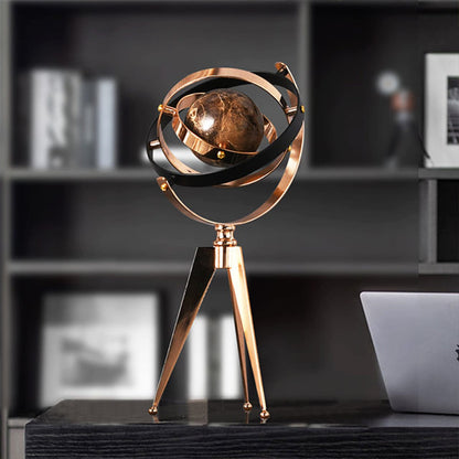 Creative art globe sculpture on antique tripod stand, luxury home and office décor piece