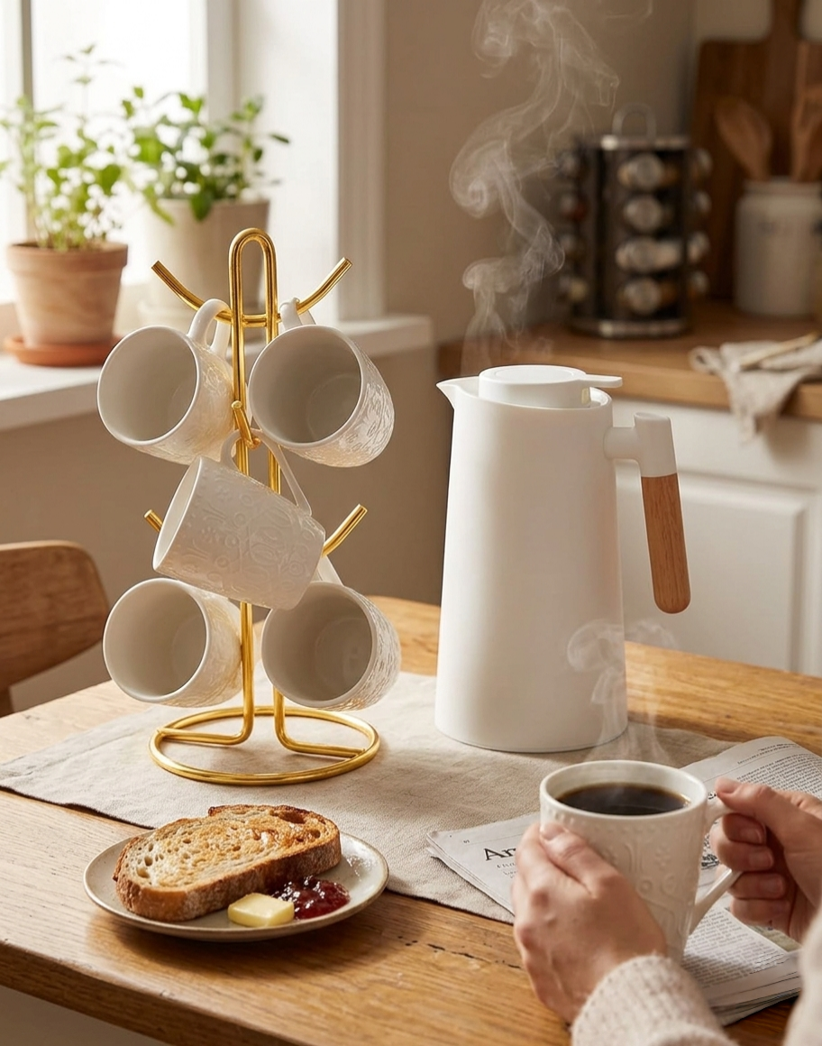 7-Piece Tea Set With Flask And White Ceramic Cups