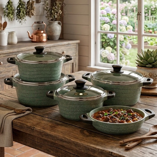 10-piece green granite non-stick cookware set with sufurias and frying pan for everyday cooking