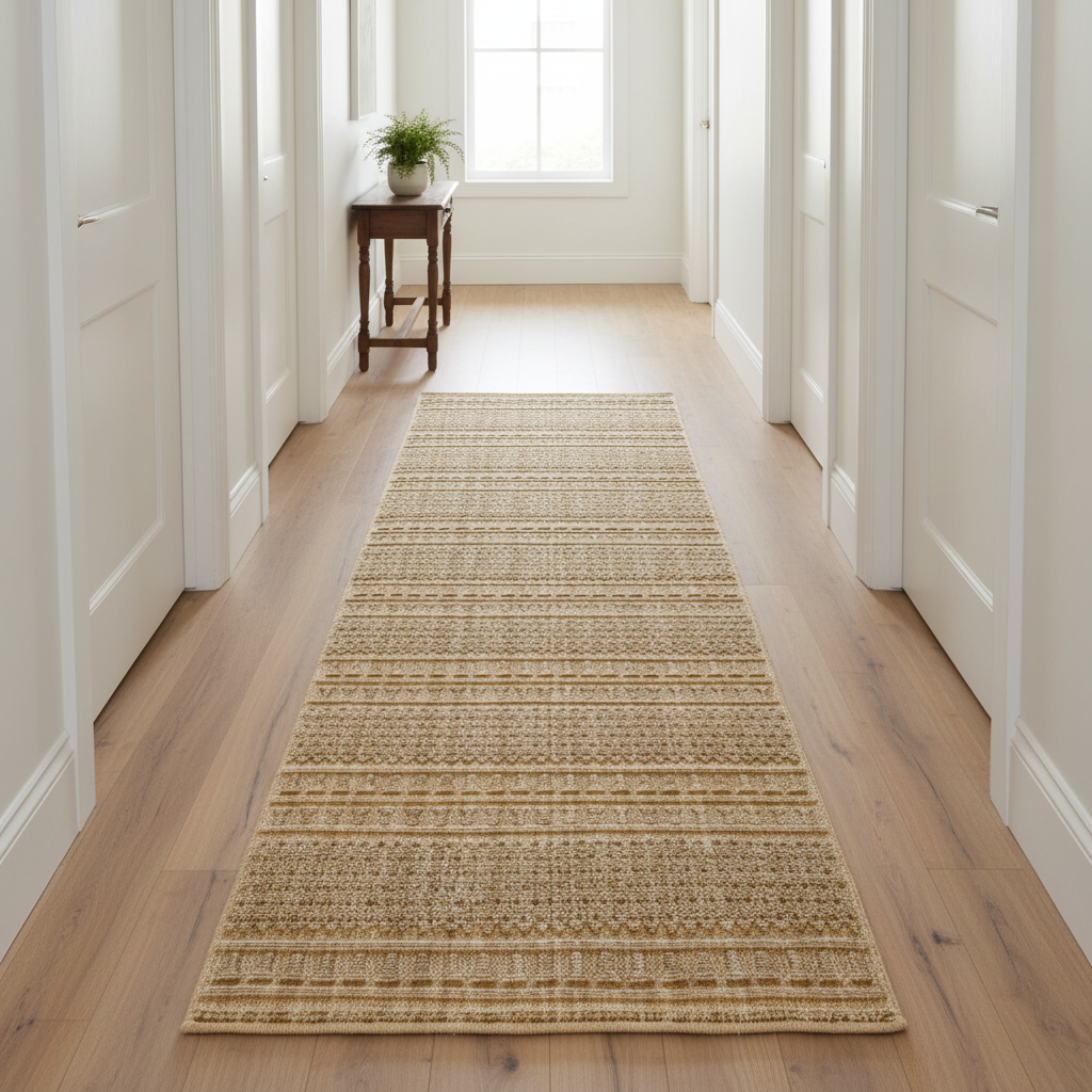 Timeless Woven Tribal Stripe Corridor Runner Rug - Beige Textured Boho Pattern KBLOOM04 #T07