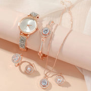 Five piece ladies watch gift set including watch, bracelet, necklace, ring, and earrings in gift packaging