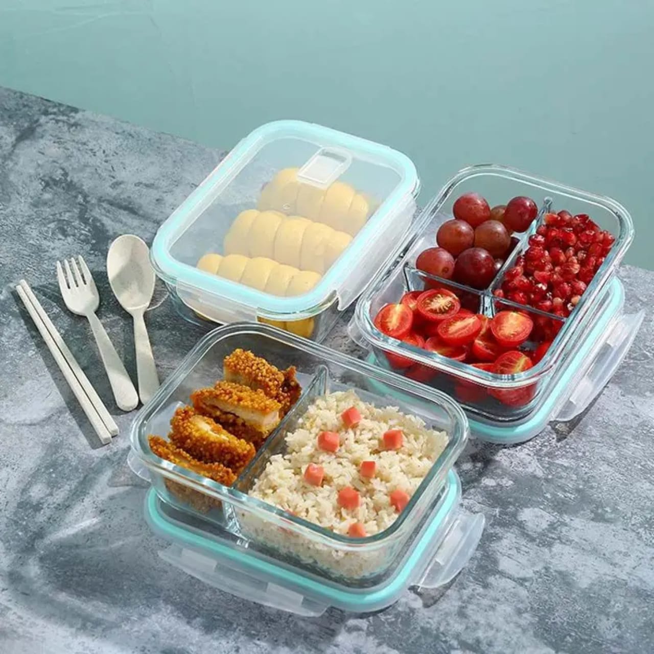2 Grid High Borosilicate Glass Partitioned Lunch Box
