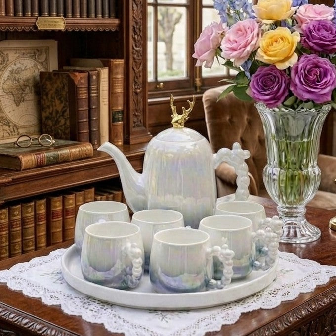 9Pc Gold Deer Lid Accent Tea Set