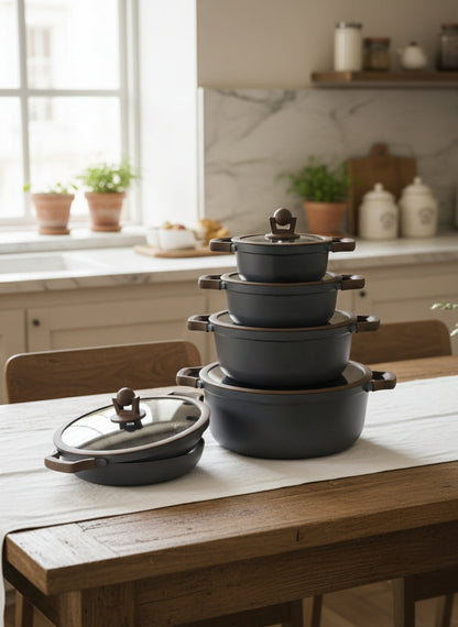 10-piece granite cookware set including 4 casseroles, 1 pan, and 5 glass lids