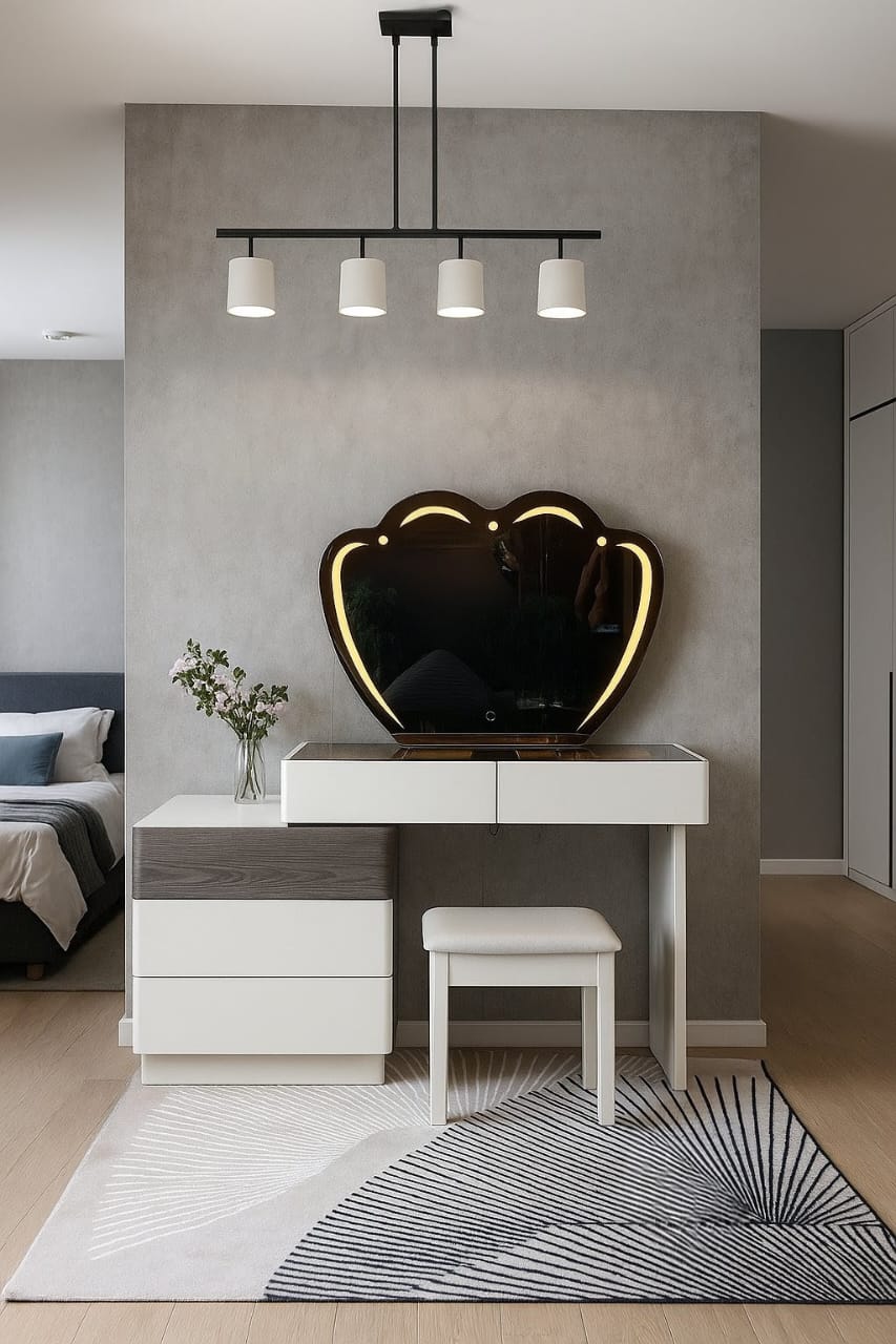 Retractable dressing table with LED light and drawers