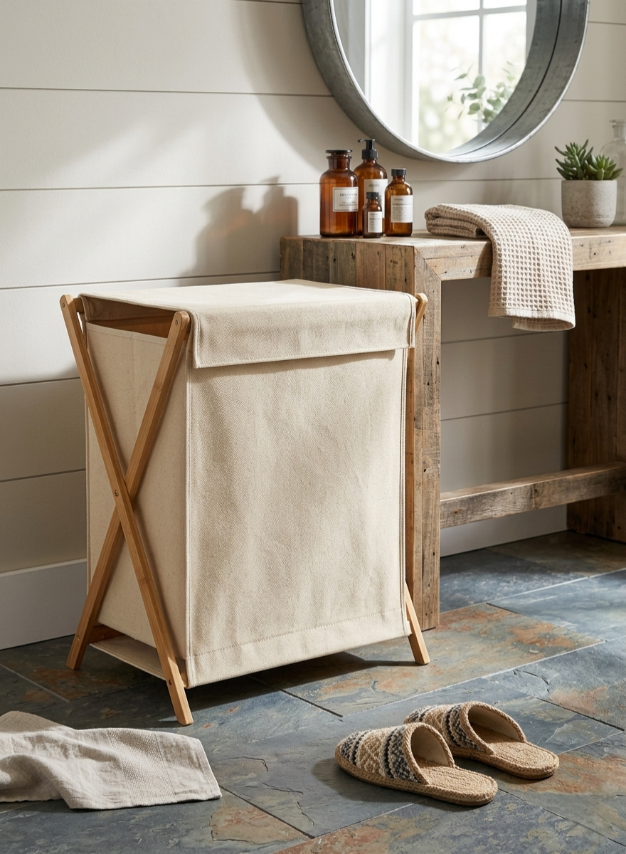 Foldable laundry hamper with bamboo stand and cover lid for organized clothes storage in beige and grey colors