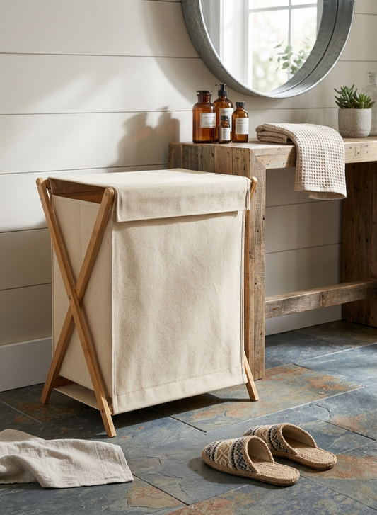 Foldable laundry hamper with bamboo stand and cover lid for organized clothes storage in beige and grey colors