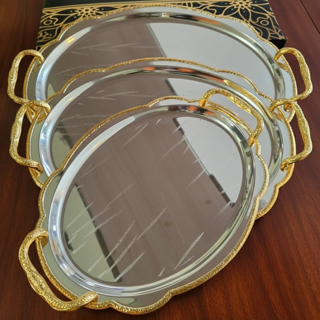 3-piece high-quality stainless steel serving trays with gold handles for food, fruits, and snacks