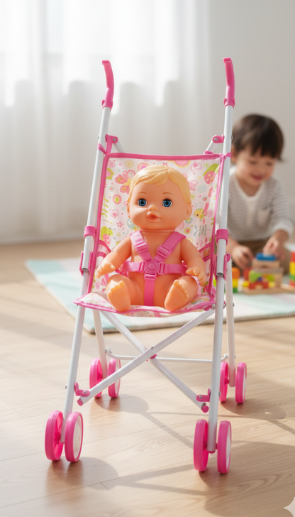 Pink doll stroller for kids pretend play with dolls and soft toys