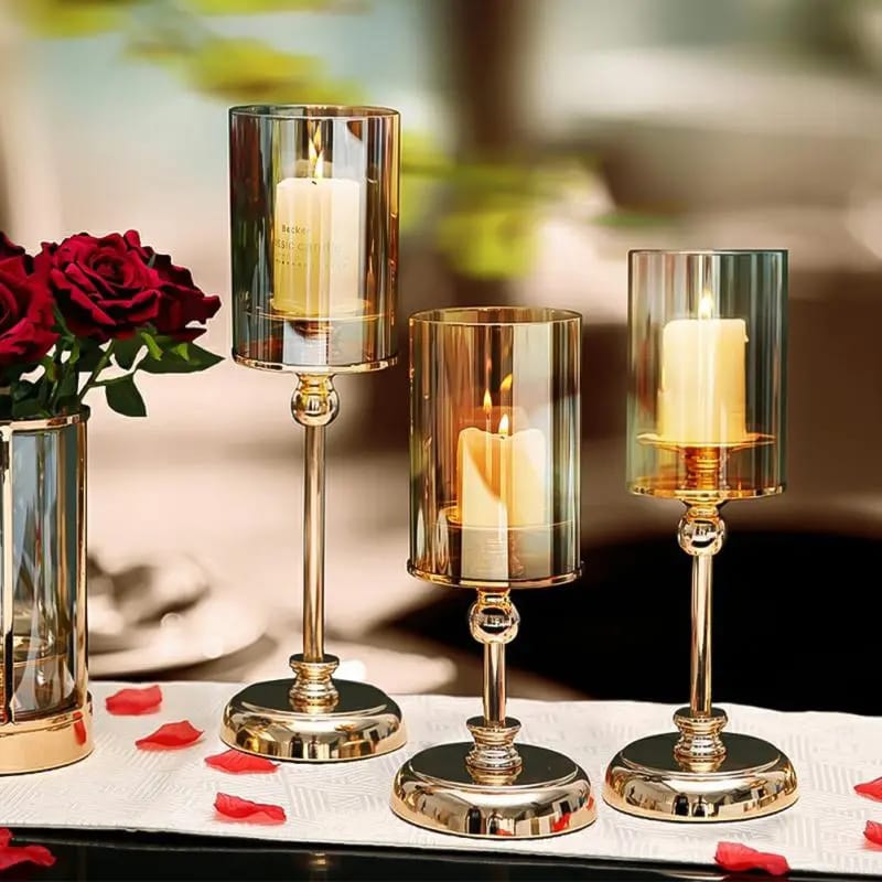 3-piece luxury glass candlestick set for dining table and home décor