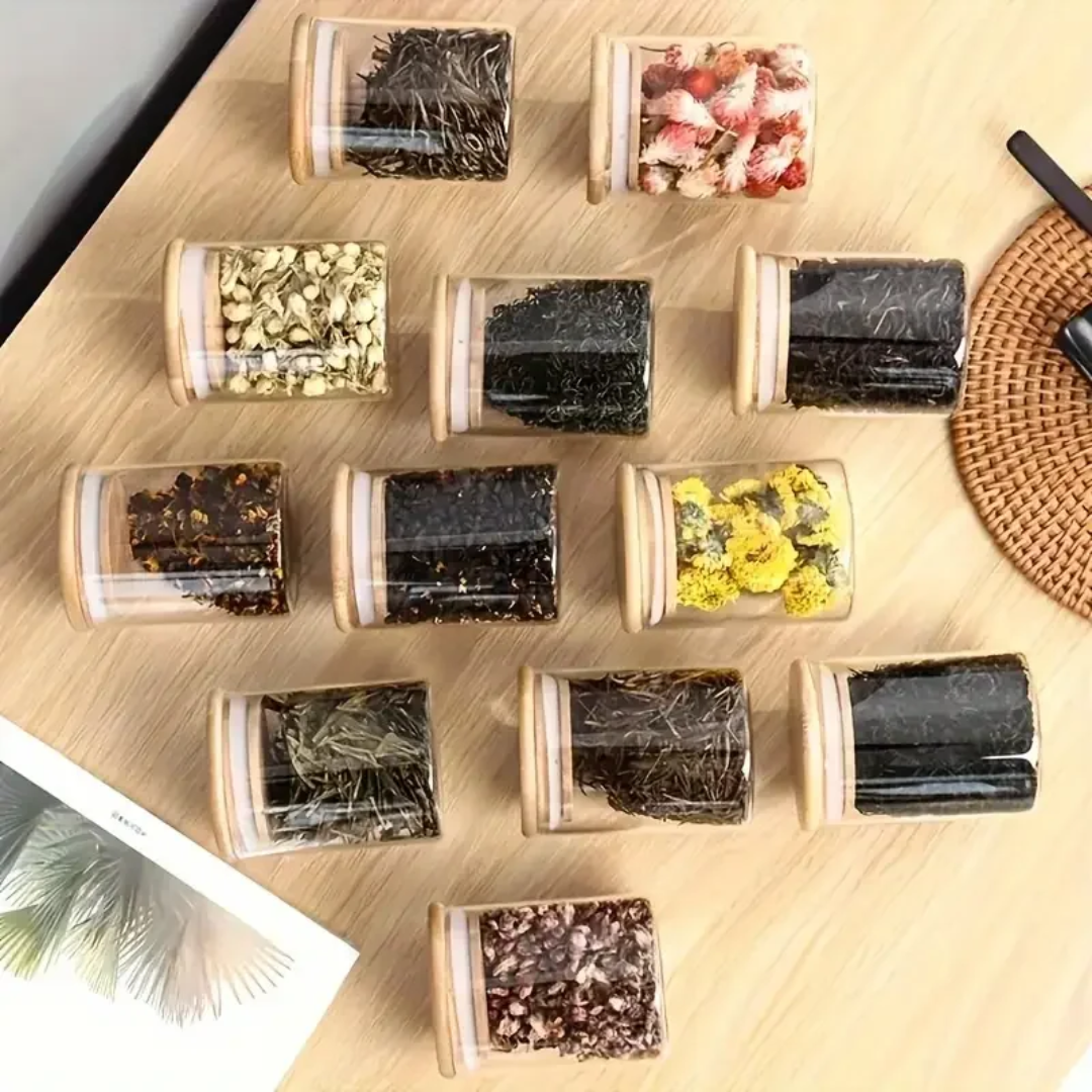 12Pcs Glass Spice Jar Set with Bamboo Lids & Stand
