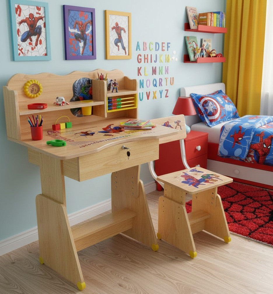 Adjustable height Spiderman themed kids study desk with seat in beige and pink