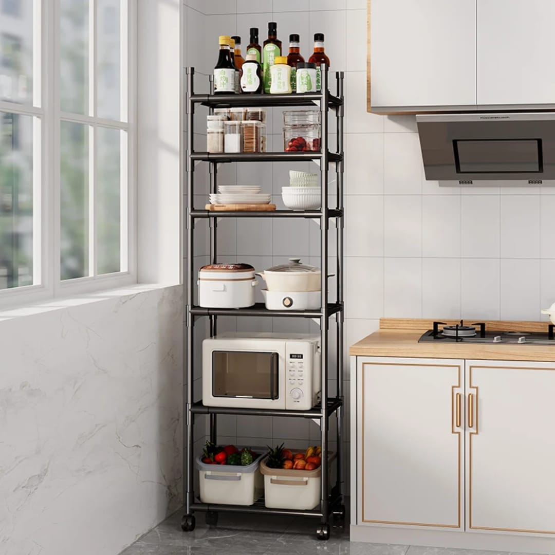 Multipurpose metal kitchen storage rack on wheels with open shelves