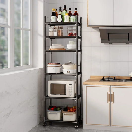 Multipurpose metal kitchen storage rack on wheels with open shelves