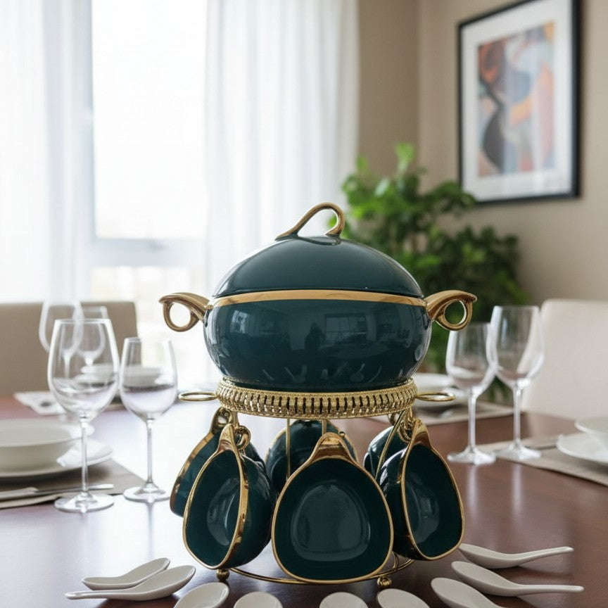 16pc Ceramic Soup Set on Golden Stand
