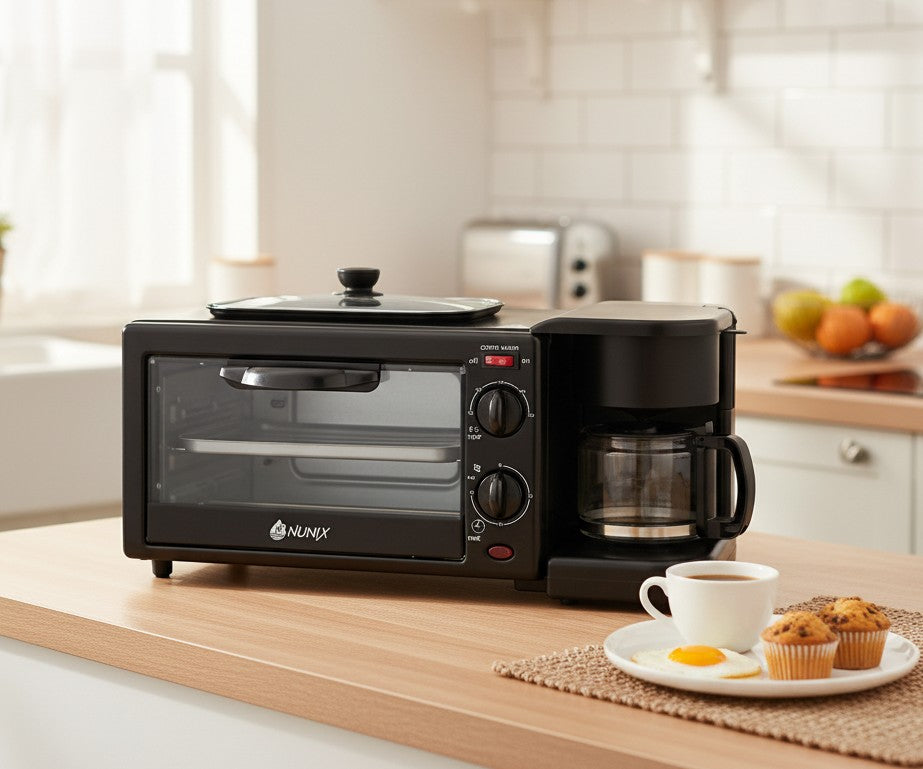 Compact multi-functional breakfast maker for eggs, sandwiches, and pancakes