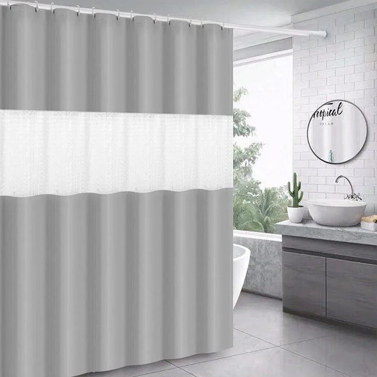 Polyester waterproof bath shower curtain with metallic hooks sized 180 by 200 cm