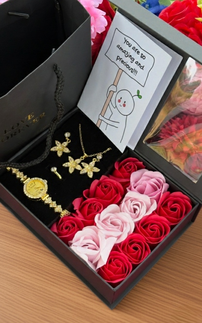 Valentines ladies gift set with watch, necklace, earrings, box, card, and gift bag.