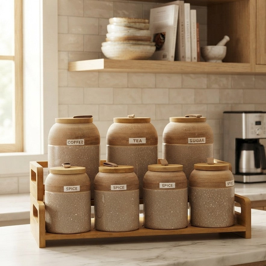 Piece Speckled Ceramic Spice Jar Set with Wooden Stand