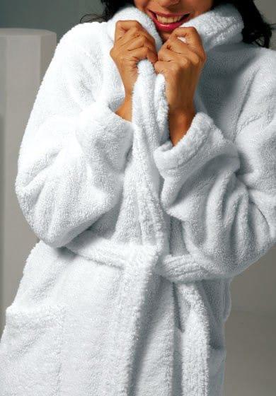 White bathrobe, soft and comfortable, ideal for home, spa, or after-shower use. 